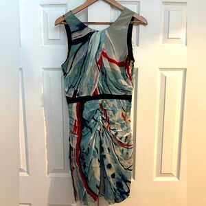 DVF silk print dress, fully lined. Size 8. Side zipper, black ribbon waistband.